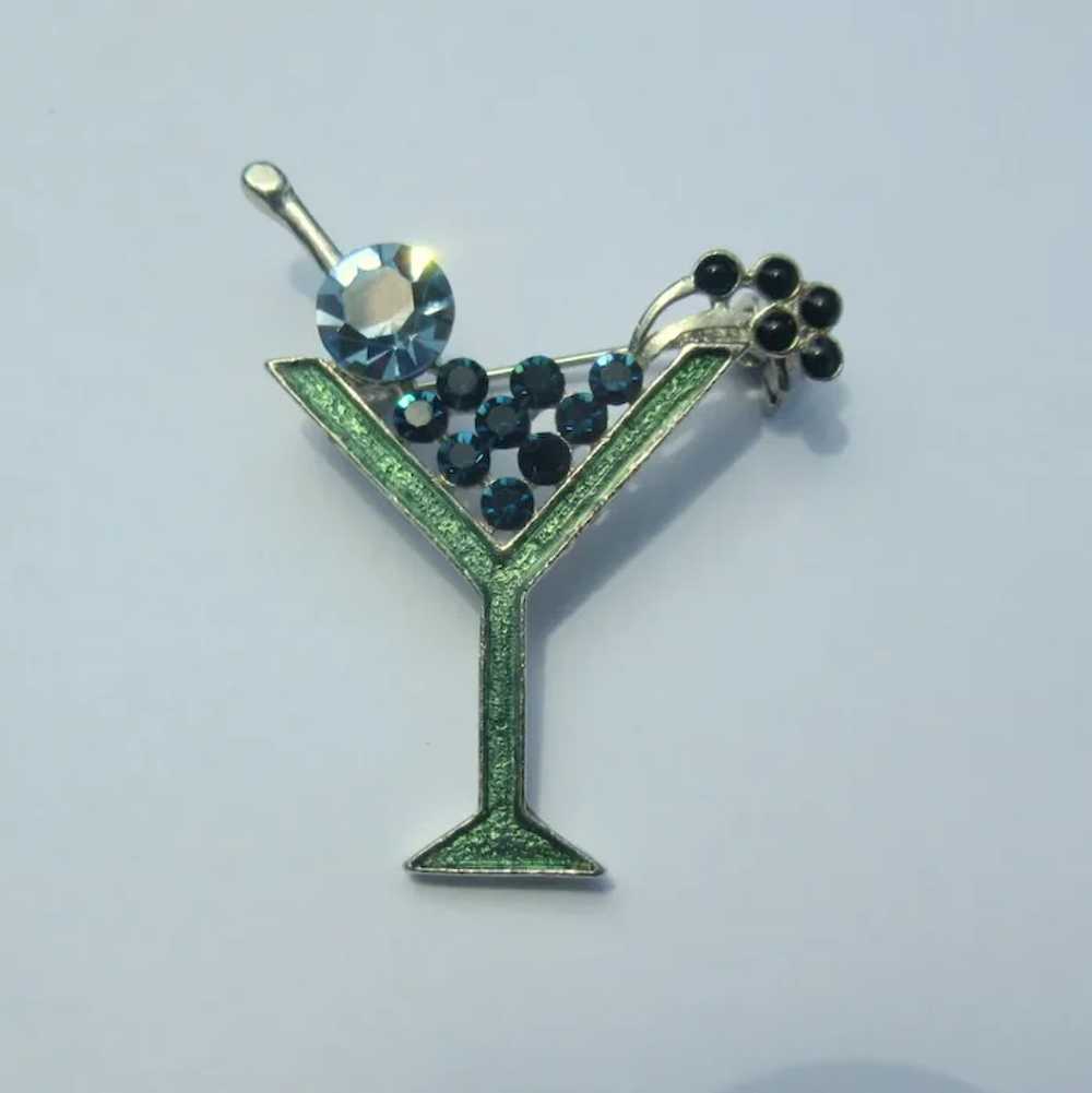 Vintage Rhinestone Martini Pin, Blue, Silver & Gr… - image 2