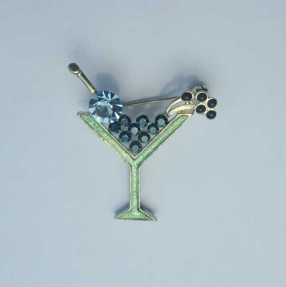 Vintage Rhinestone Martini Pin, Blue, Silver & Gr… - image 4