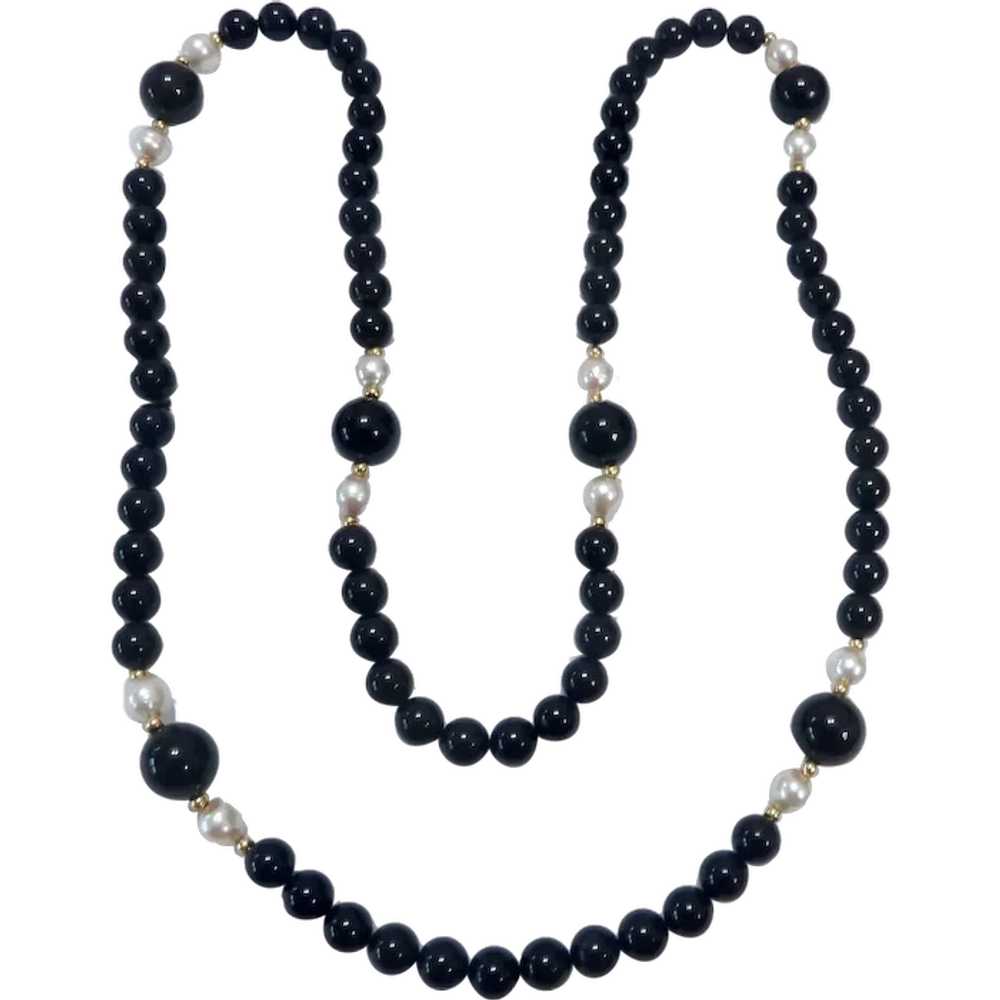 14K Gold, Black Onyx & Cultured Pearl Knotted Nec… - image 1