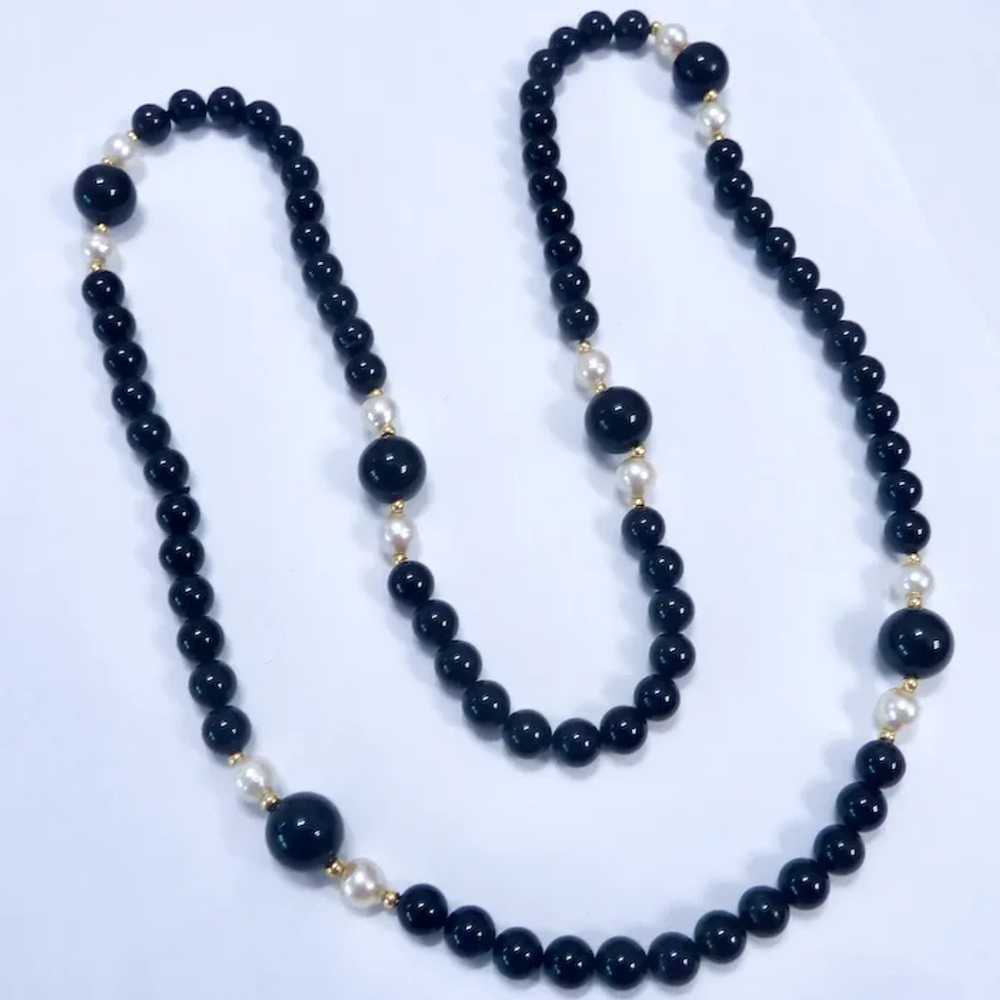 14K Gold, Black Onyx & Cultured Pearl Knotted Nec… - image 2