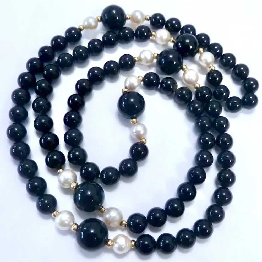 14K Gold, Black Onyx & Cultured Pearl Knotted Nec… - image 4