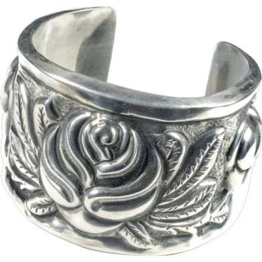 Mexican Deco silver Aztec Roses Cuff Bracelet ~ c… - image 1