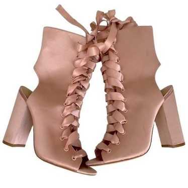 Aldo Pink Satin Lace Up Open Toe Chunky Heel Boot… - image 1