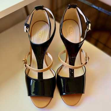TOD'S Black & Beige Patent Leather T Strap Ankle … - image 1