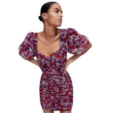 ZARA Floral Ruched Mini Dress With Puffed Sleeves… - image 1