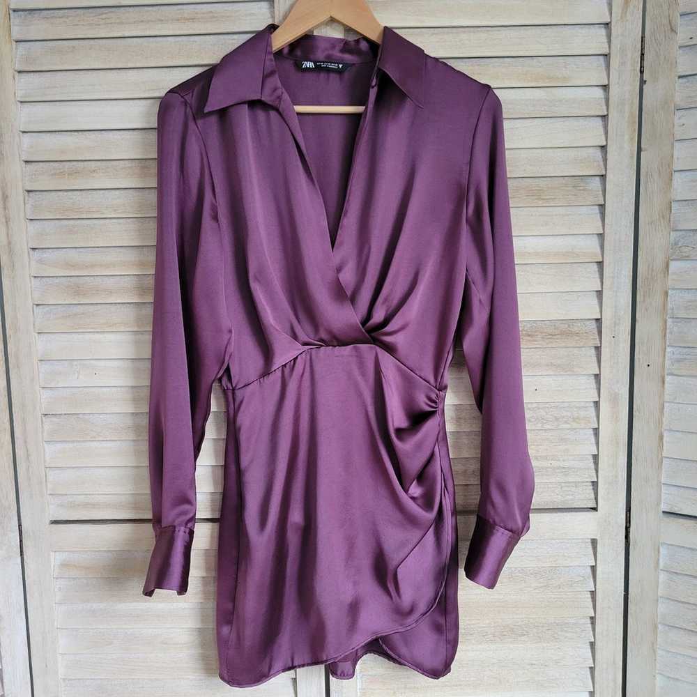 Zara Satin Effect Plum Burgandy Ruched Hem Long S… - image 1