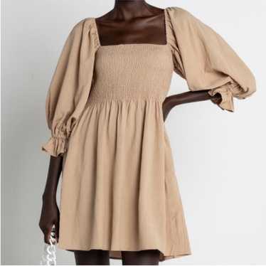 Kourt Tan Smocked Puff Sleeve Mini Dress Size XS - image 1