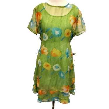 Vintage 90s Lime Green Chiffon Watercolor Floral … - image 1