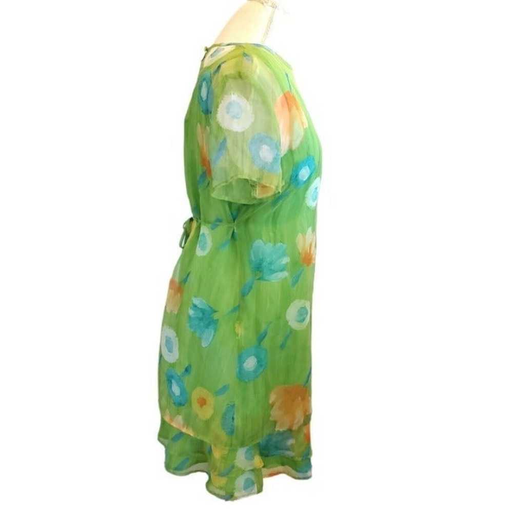 Vintage 90s Lime Green Chiffon Watercolor Floral … - image 2