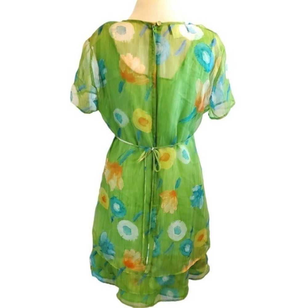 Vintage 90s Lime Green Chiffon Watercolor Floral … - image 3
