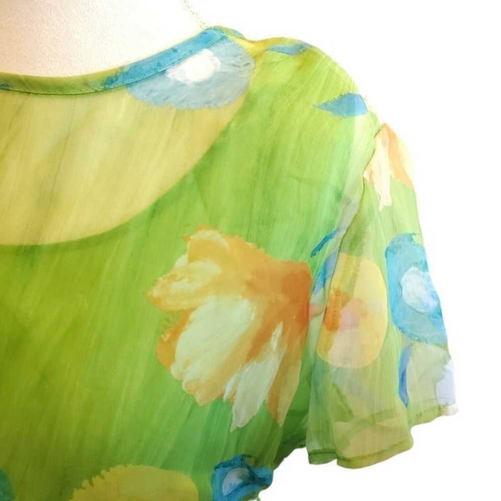 Vintage 90s Lime Green Chiffon Watercolor Floral … - image 6