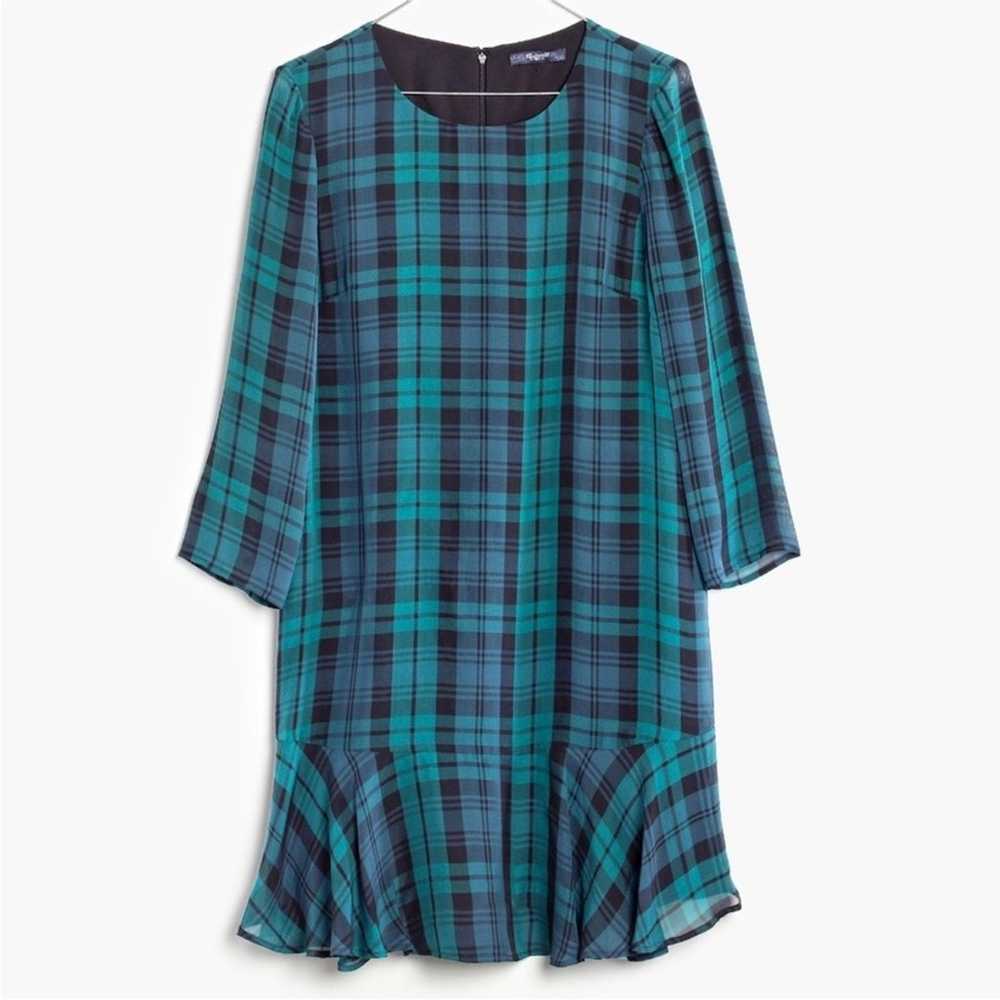 Madewell Plaid Larkin Dress 100% Silk Green Blue … - image 2