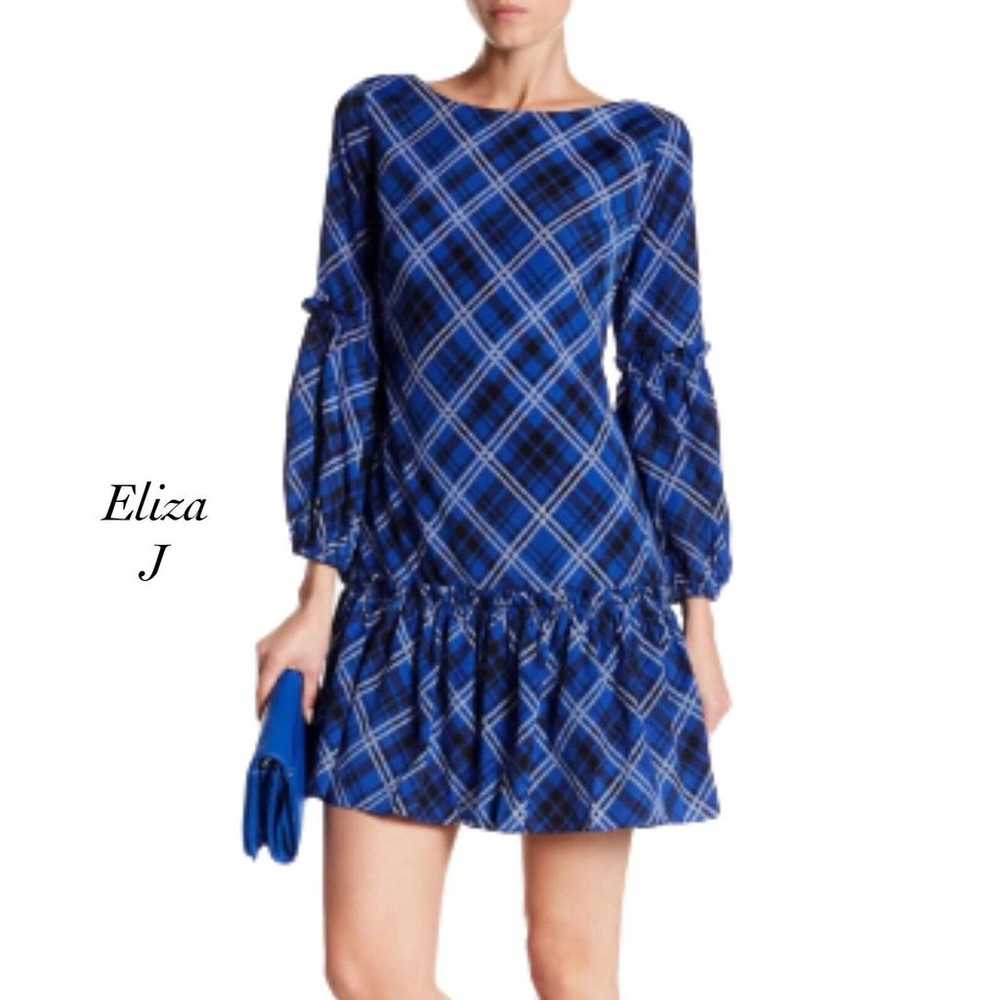 Eliza J Blue White Black Plaid Blouson Sleeve Ruf… - image 1