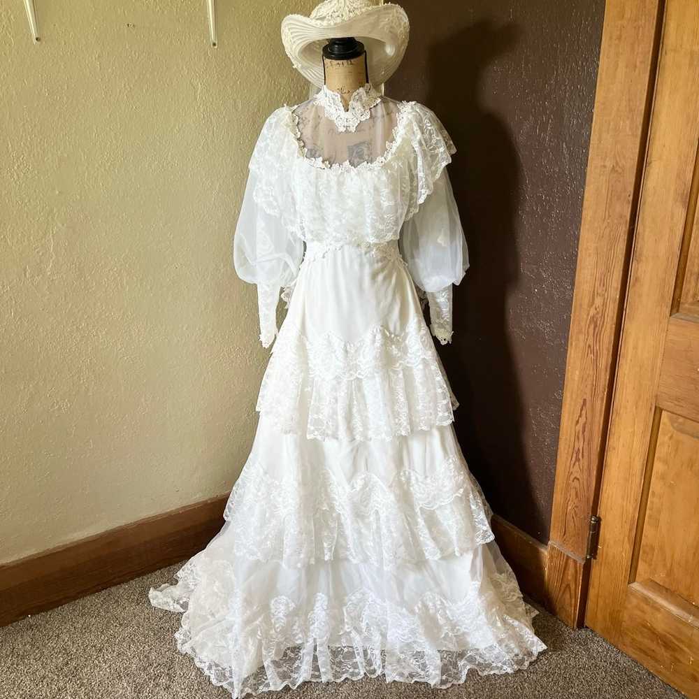 Vintage 1970- 1980 wedding dress and hat - image 1