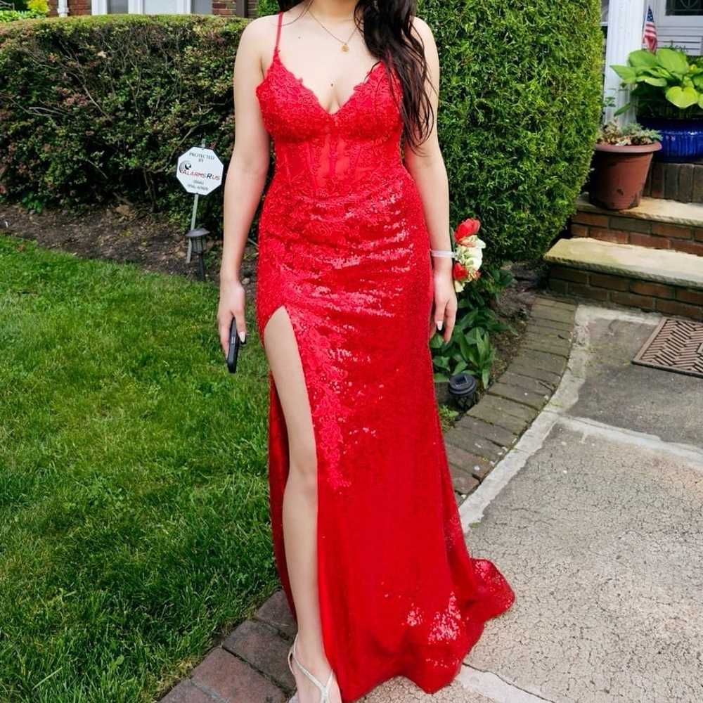 Red corset lace prom dress - image 1