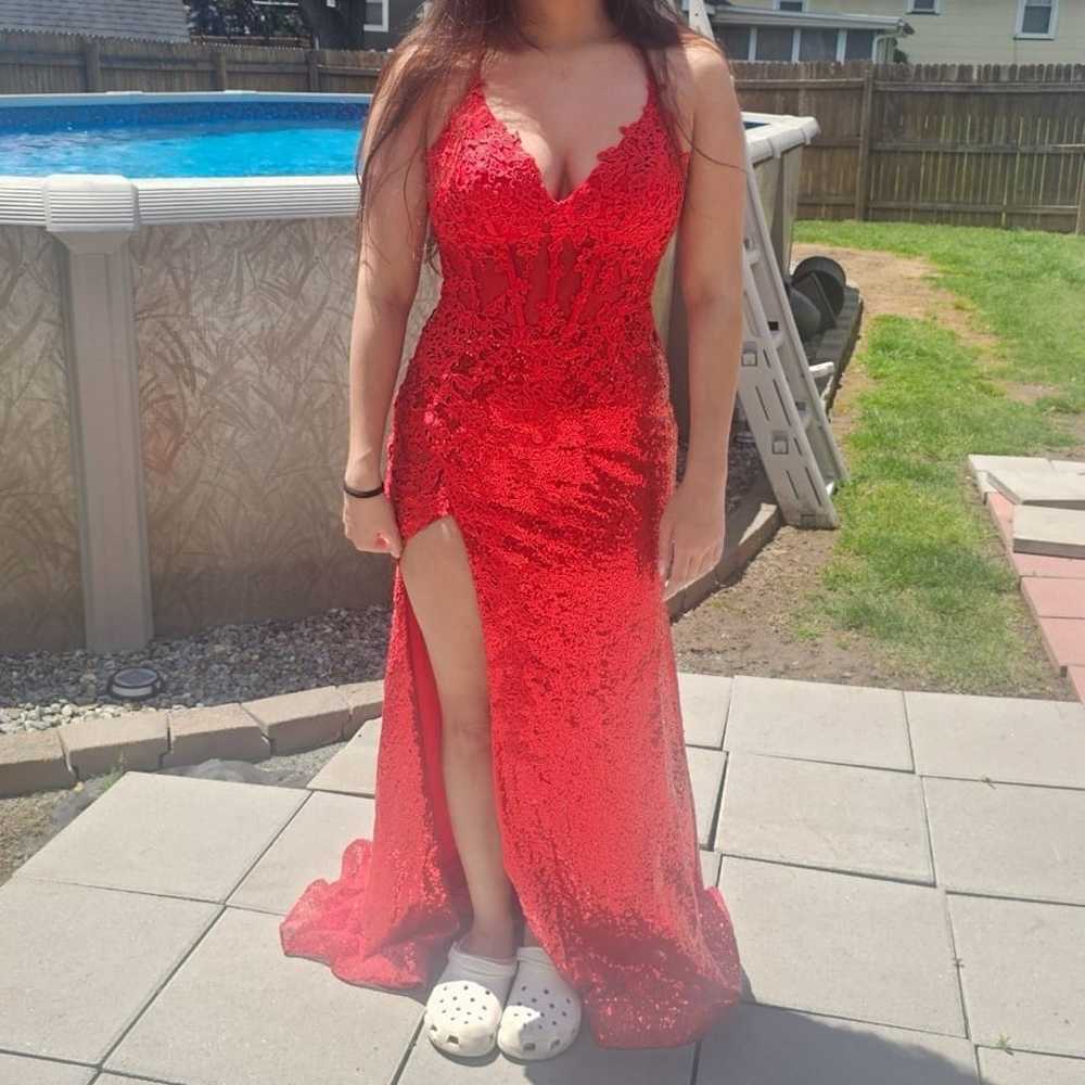 Red corset lace prom dress - image 2