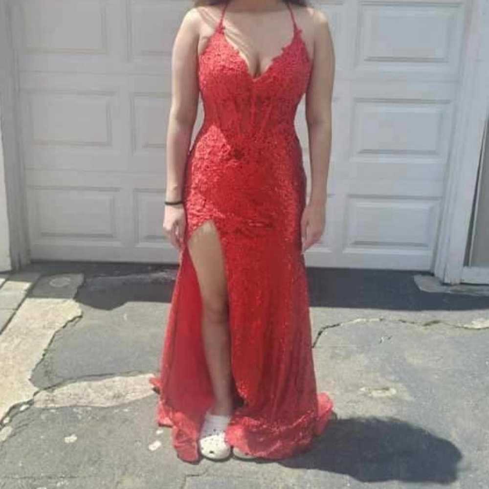 Red corset lace prom dress - image 3