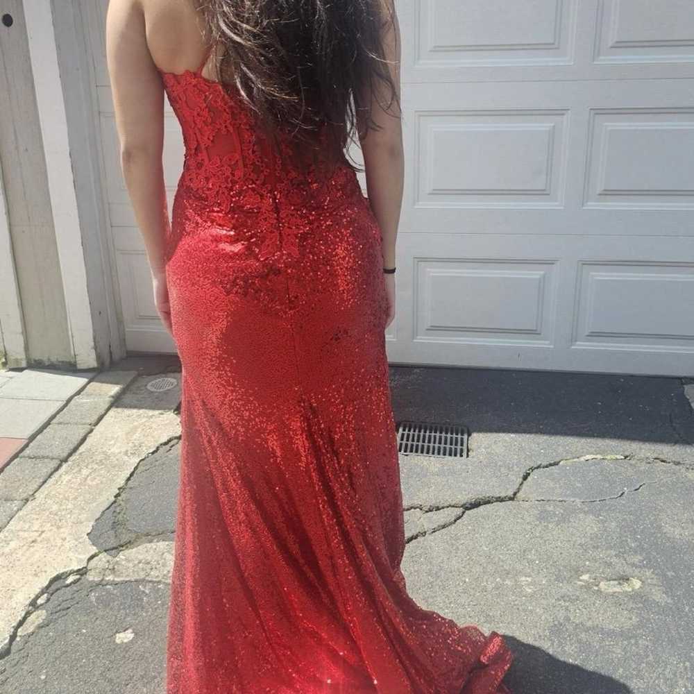 Red corset lace prom dress - image 4