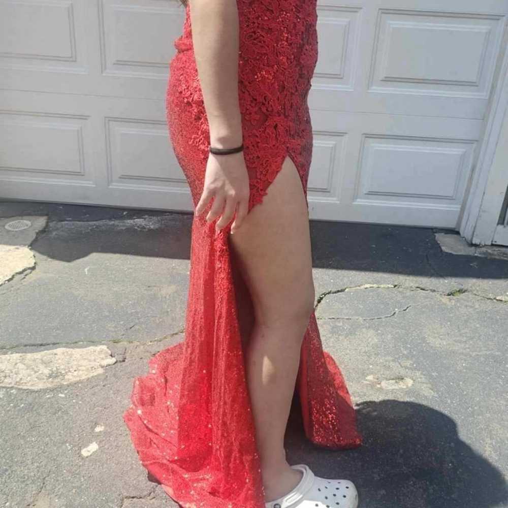 Red corset lace prom dress - image 5