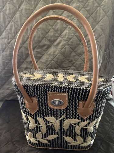 稀少☆50's Straw Bag 50年代 ストローハンドバッグ 50's Straw Bag with Striped Gold Cello Weaving