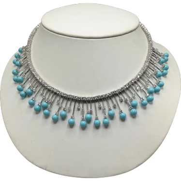 Aqua Glass and Chrome Fringe Necklace with Clear … - image 1