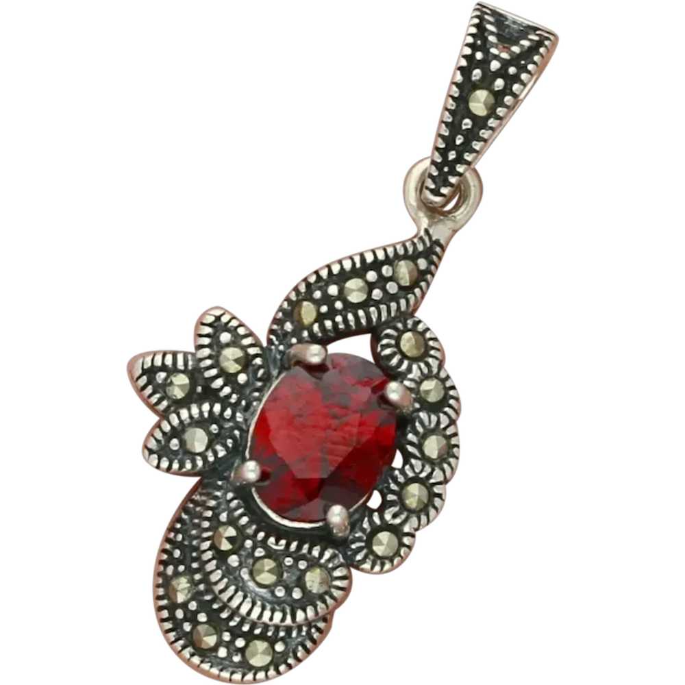Sterling Silver Marcasite Studded Oval-Cut Red Cz… - image 1