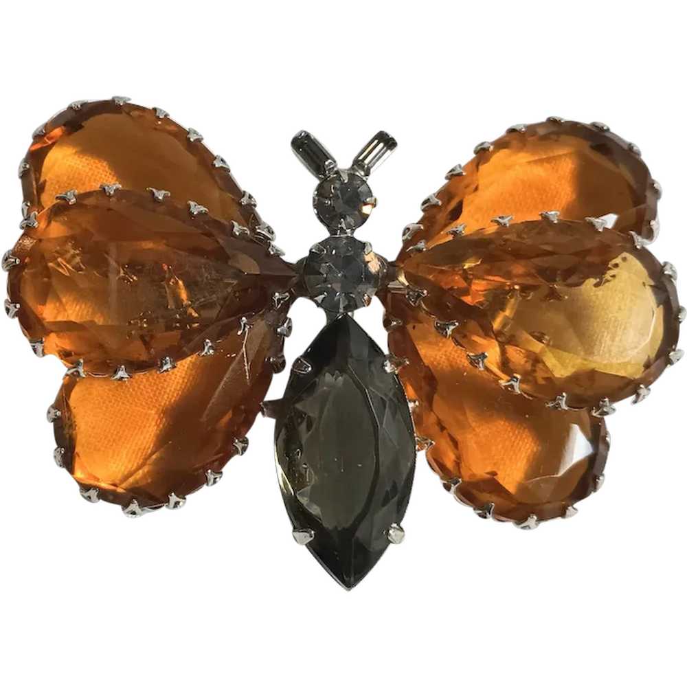 Schreiner large triple wing butterfly brooch ambe… - image 1