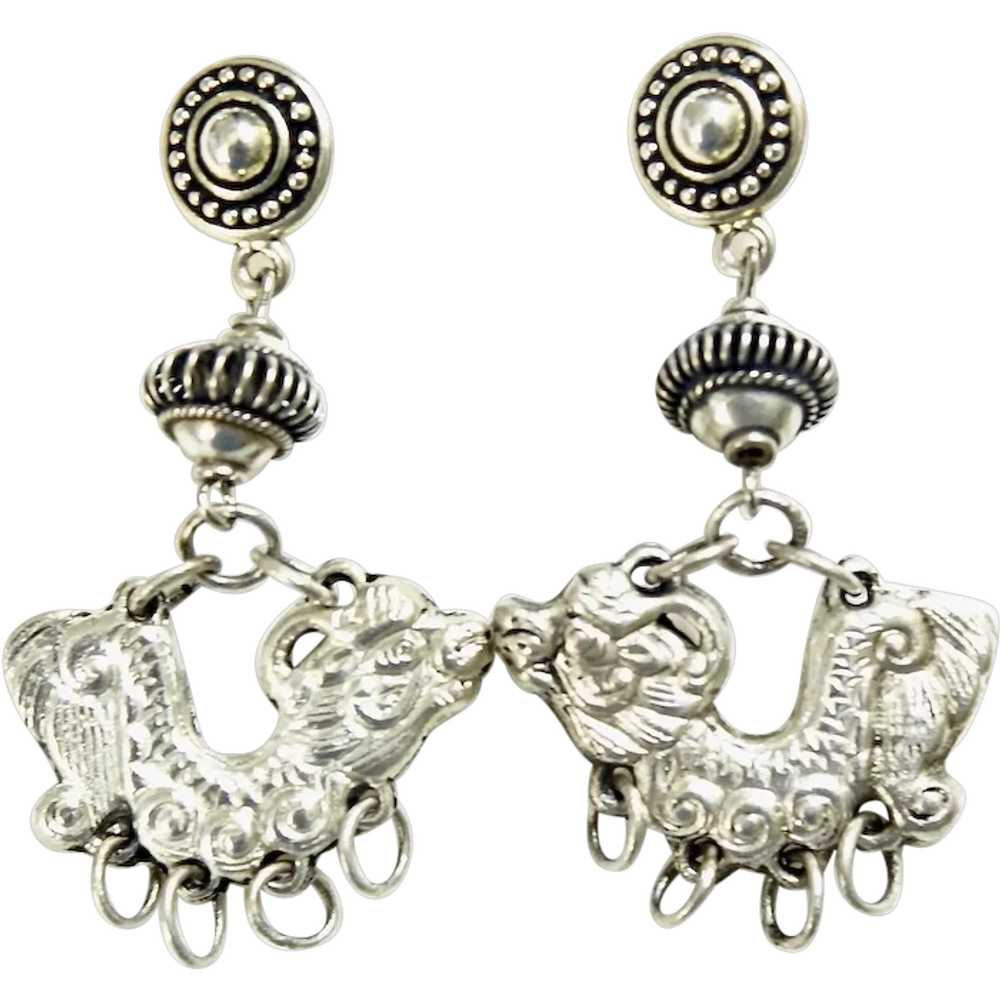 Vintage Silver Thai Dragon Drop Earrings - image 1