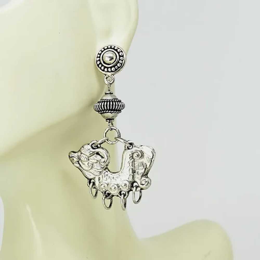 Vintage Silver Thai Dragon Drop Earrings - image 2