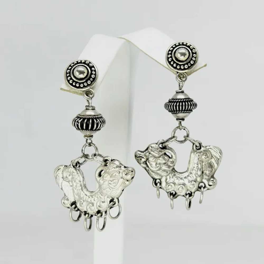 Vintage Silver Thai Dragon Drop Earrings - image 3