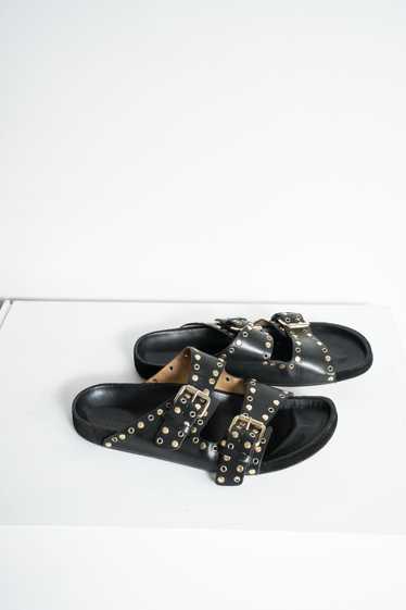 Black Slides with Gold-Tone Grommet Accents