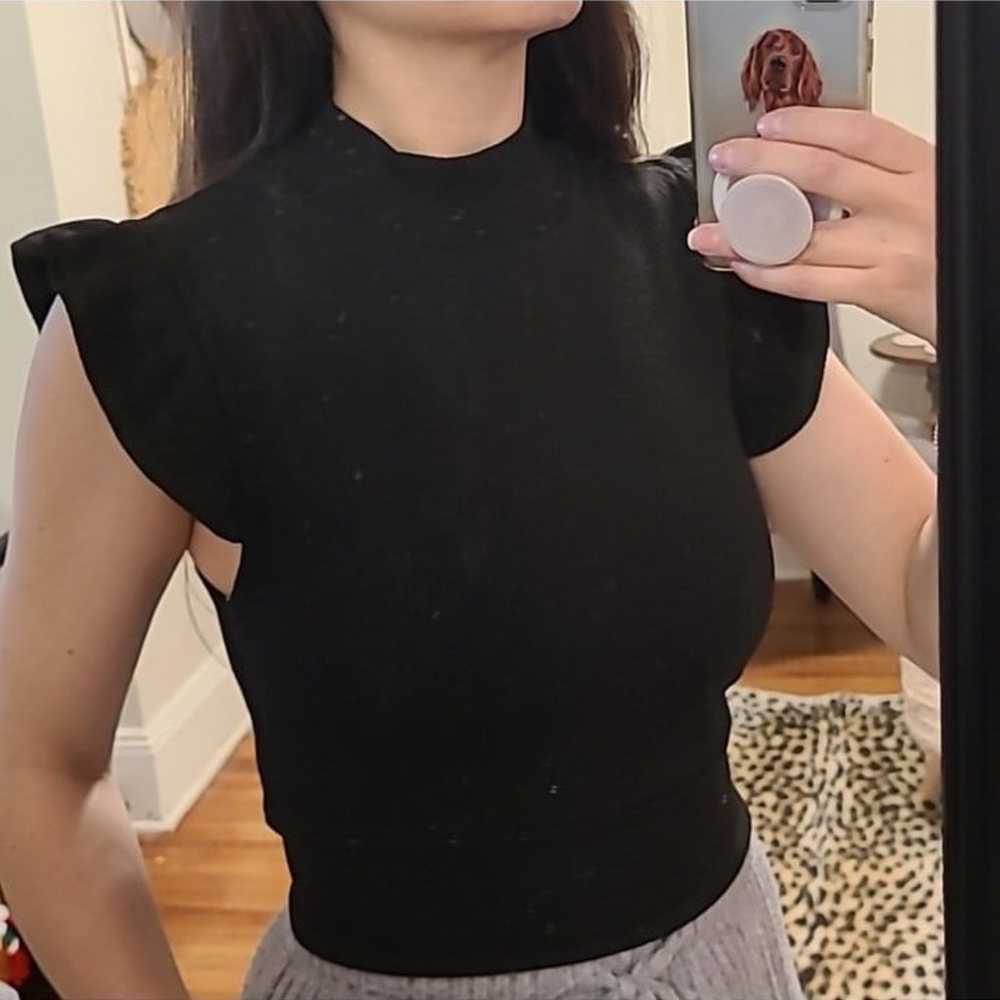 Black Flutter Sleeve Crop Top - image 2