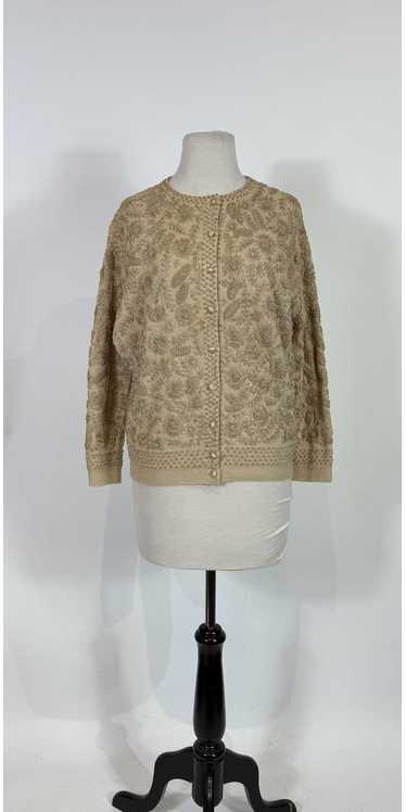 1950s Beige Cashmere Hand Embroidered Floral Cardi