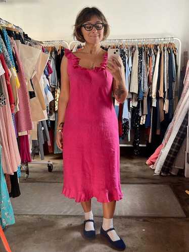 Vintage Bias Linen Ruffle Dress - Bright Pink
