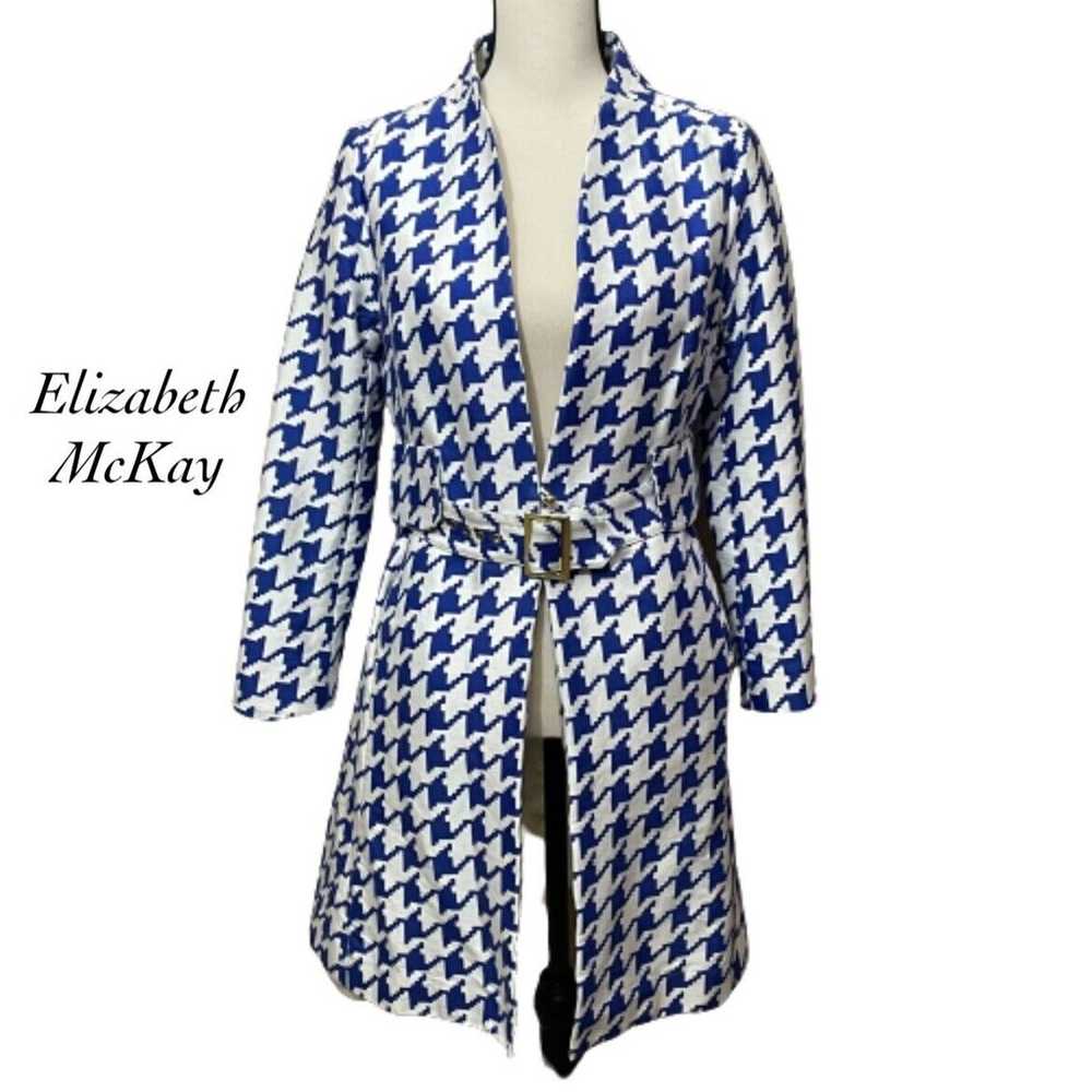 Elizabeth McKay Blue White Houndstooth Belted Sil… - image 1