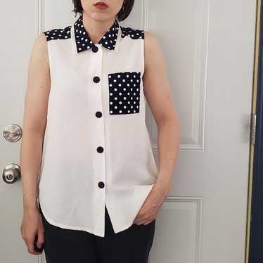 90s White and Navy Polka Dot Sleeveless Blouse - image 1