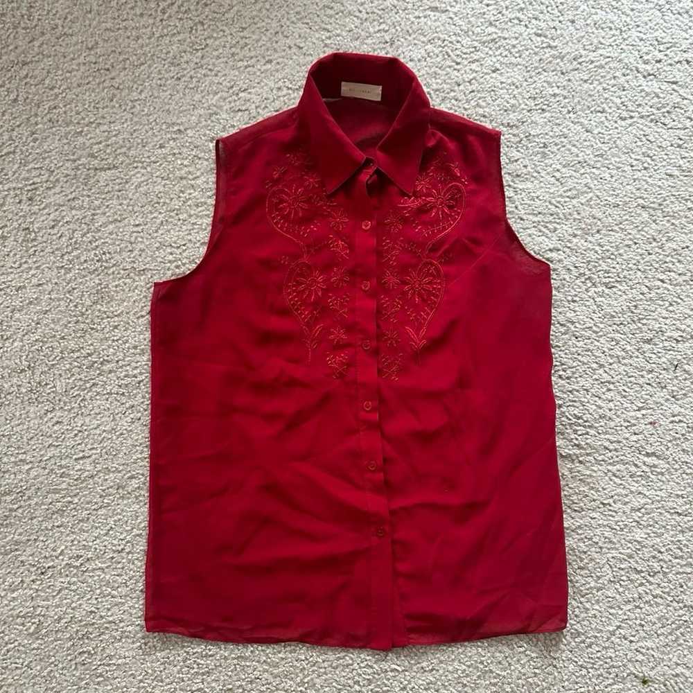Vintage Red Button down sleeveless blouse with em… - image 1