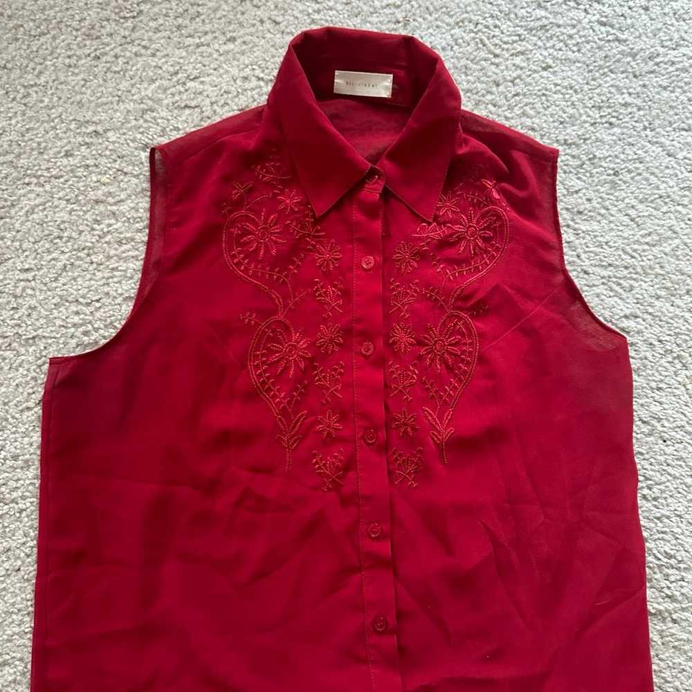 Vintage Red Button down sleeveless blouse with em… - image 2