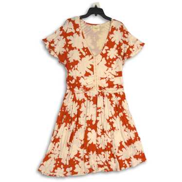Maeve Womens Ivory Orange Floral V-Neck Short Sle… - image 1