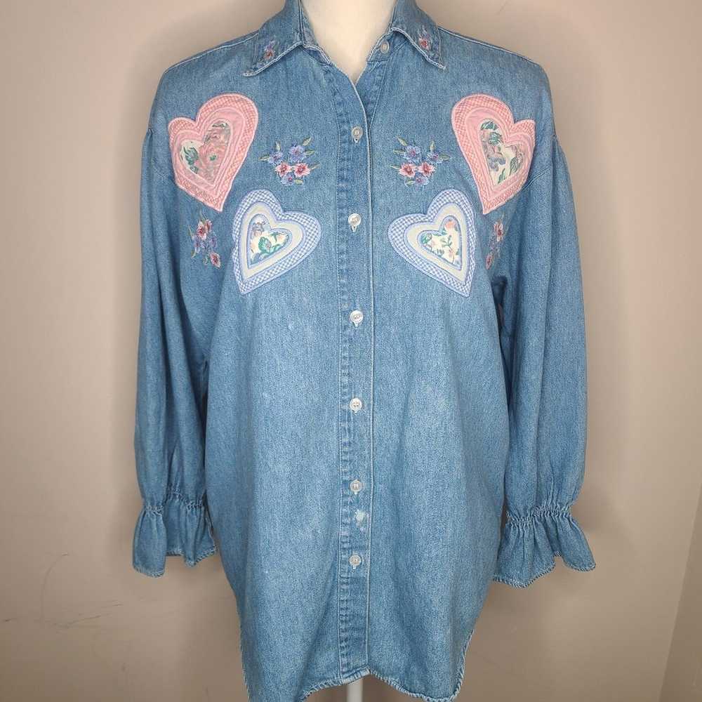 Vintage Solutions 1990s Denim Quilted Hearts Shir… - image 1