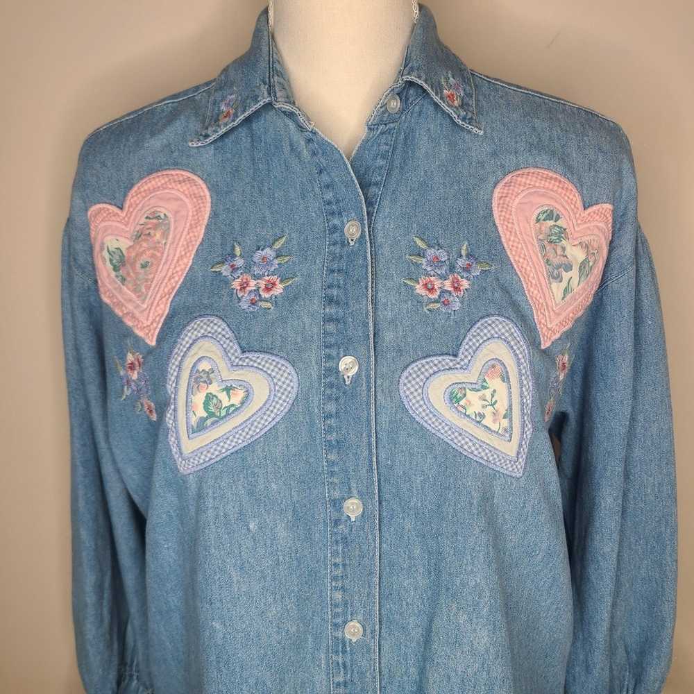 Vintage Solutions 1990s Denim Quilted Hearts Shir… - image 2
