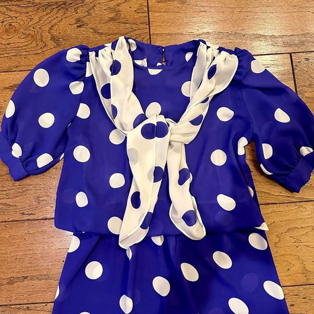 Size: 10, 80's Vintage Blue & White Polka Dot Dre… - image 3