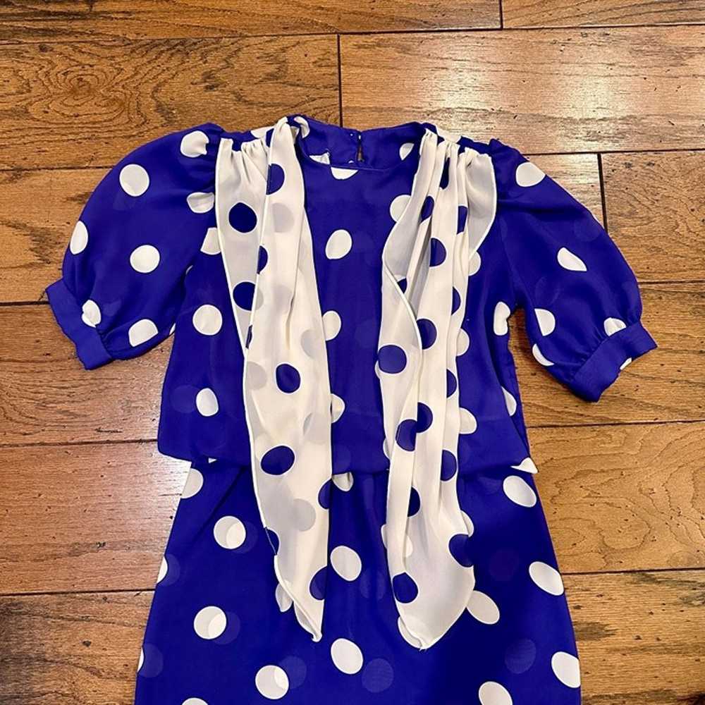 Size: 10, 80's Vintage Blue & White Polka Dot Dre… - image 6