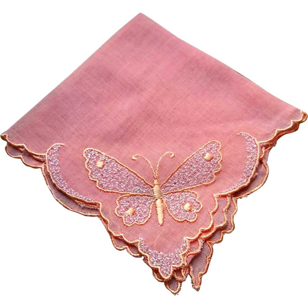 BEAUTIFUL Vintage French Embroidered Hanky,Peach … - image 1