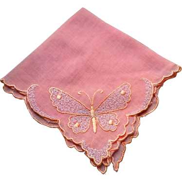 BEAUTIFUL Vintage French Embroidered Hanky,Peach S