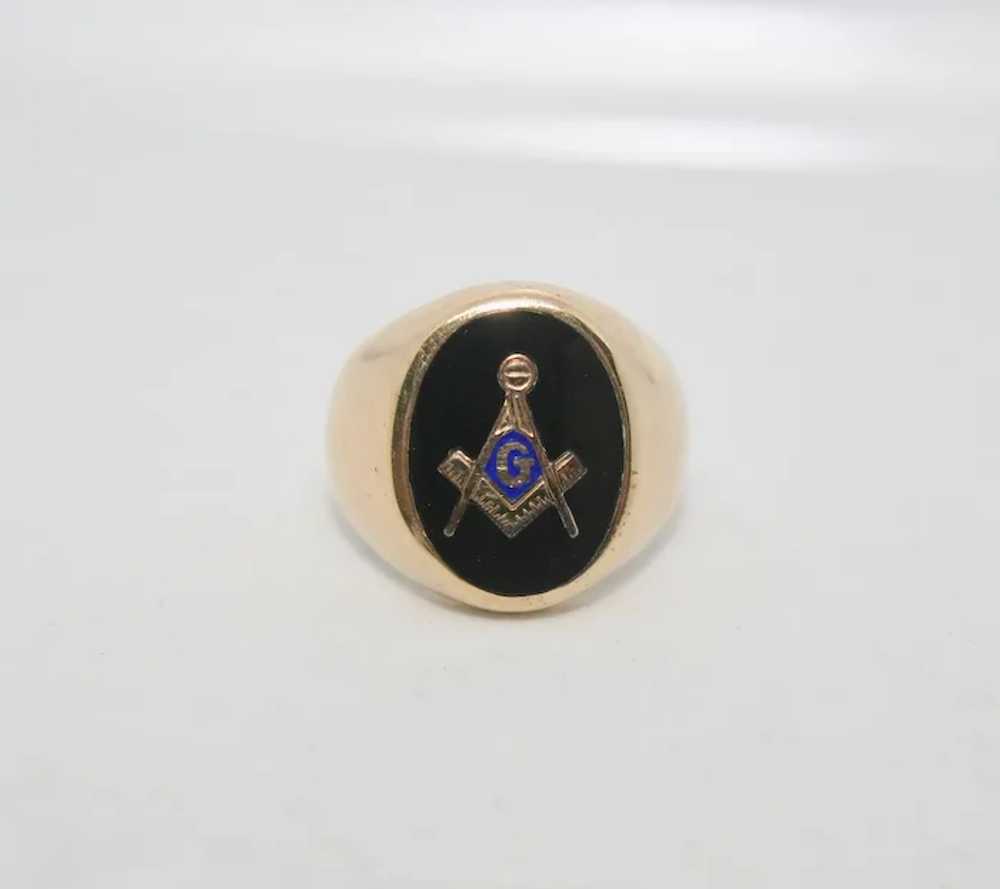 10k Solid Gold Masonic Black Onyx Men's Ring ~ Si… - image 2