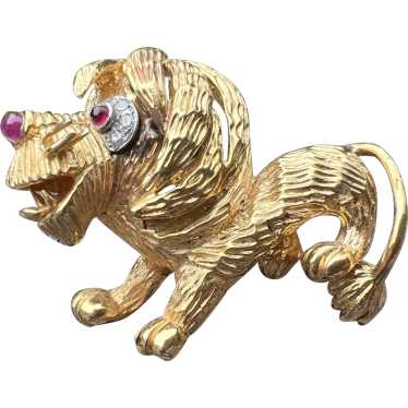 18k Yellow Gold Ruby and Diamond Lion Brooch