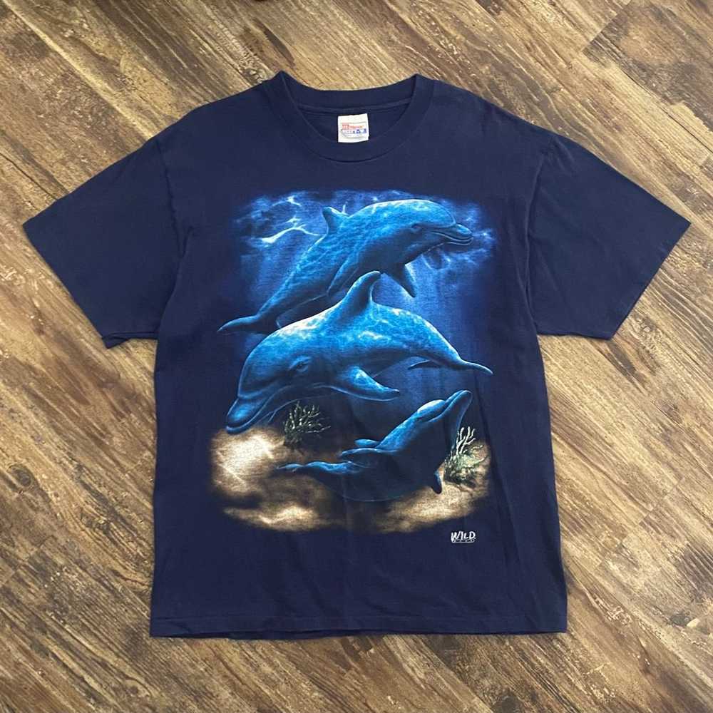 Vintage 1990s Navy Blue Dolphins Nature Graphic S… - image 1