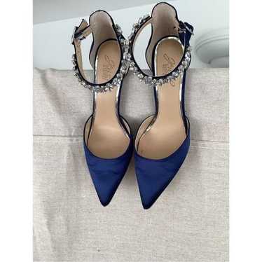 Badgley Mischka jewel heels, blue satin, size 8