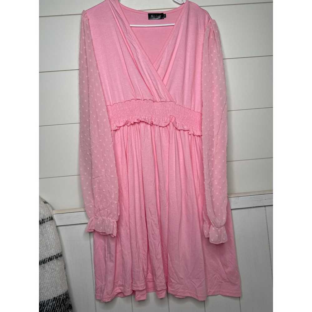 For G and PL, Pink Long Sheer Sleeved V-Neck Dres… - image 1